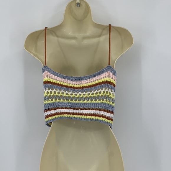 525 Fauxchet crochet cropped cami top blouse chevron blue pink knit shirt Small - Picture 3 of 4